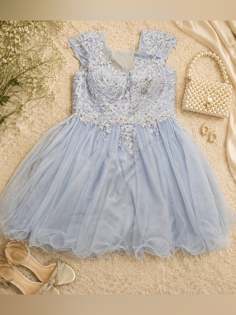 JJ’s House Pale Blue Lace Beaded Tulle Formal Homecoming Dress Size 14